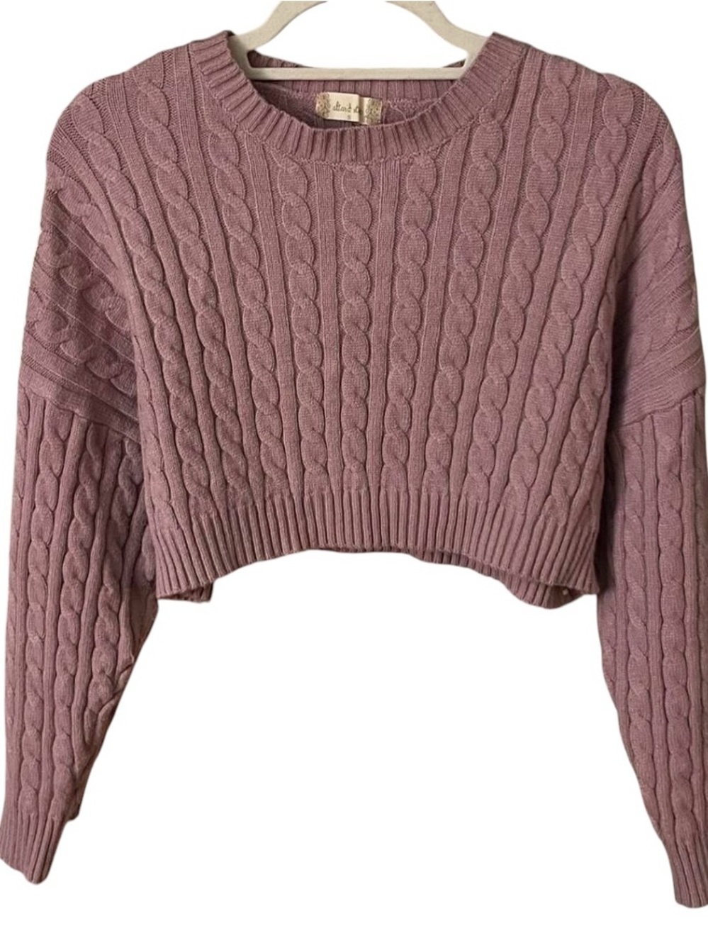 Altar'd State Mauve Cable-Knit Cropped Crew Sweater
